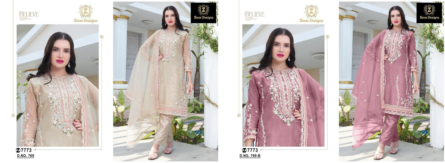 769-769B Ziaaz Designs Organza Pakistani Salwar Suits Wholesale Price