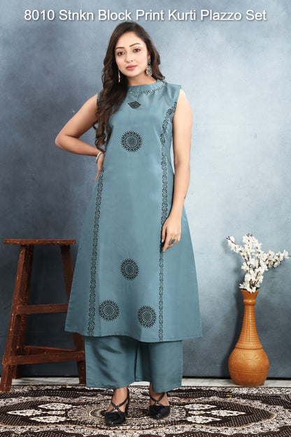 8010 Stnkn Roman Silk Kurti Plazzo Set Supplier Ahmedabad