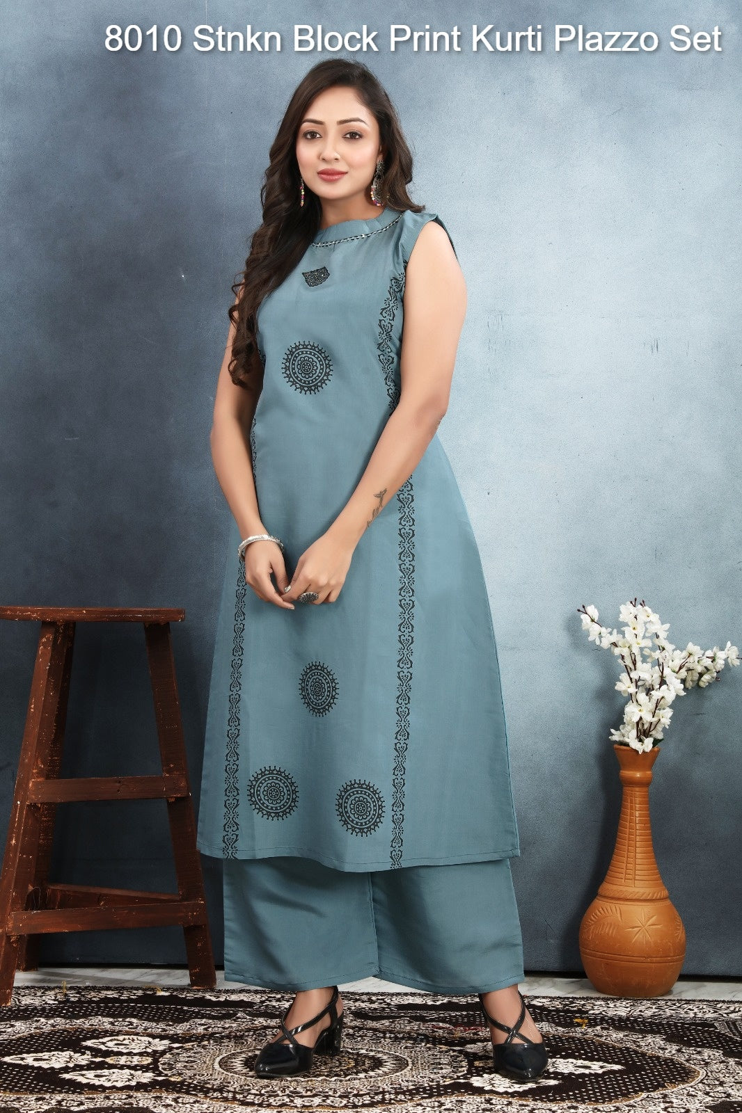 8010 Stnkn Roman Silk Kurti Plazzo Set Supplier Ahmedabad