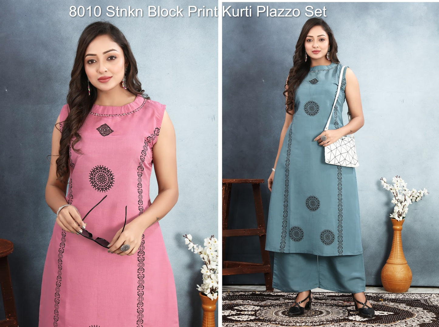8010 Stnkn Roman Silk Kurti Plazzo Set Supplier Ahmedabad