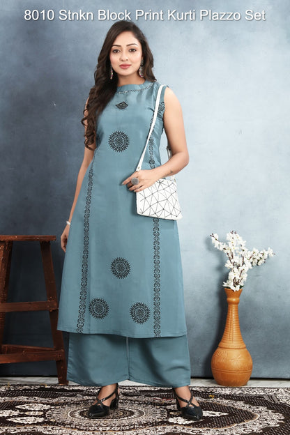 8010 Stnkn Roman Silk Kurti Plazzo Set Supplier Ahmedabad