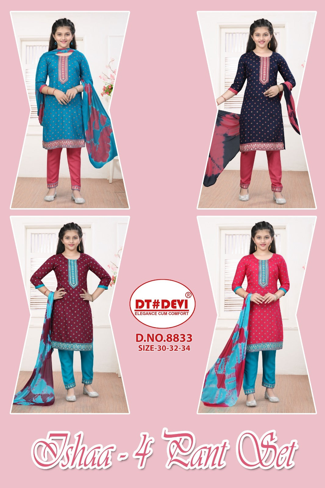 8833 Ishaa-4 Dt Devi Rayon Girls Readymade Pant Suits Supplier Gujarat