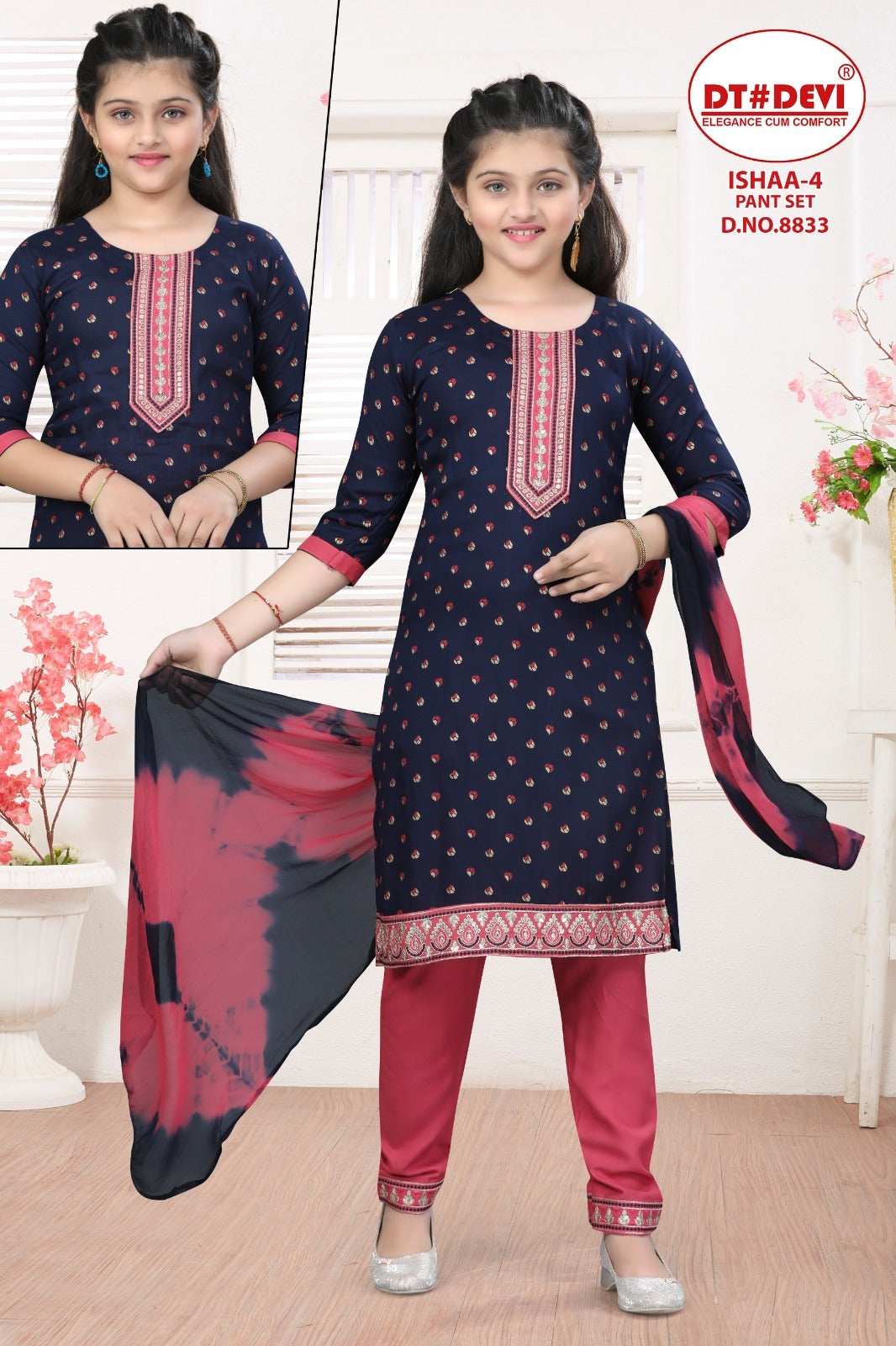 8833 Ishaa-4 Dt Devi Rayon Girls Readymade Pant Suits Supplier Gujarat
