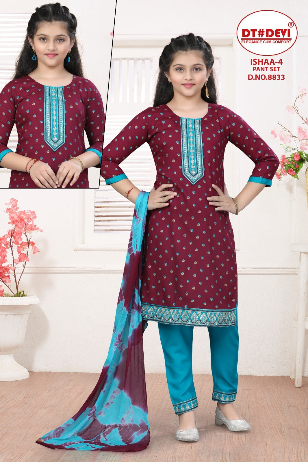 8833 Ishaa-4 Dt Devi Rayon Girls Readymade Pant Suits Supplier Gujarat