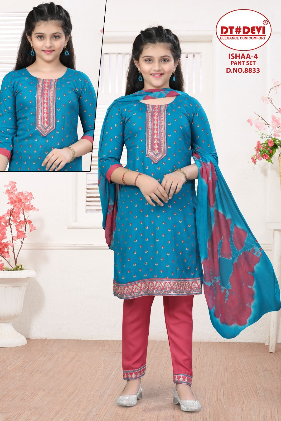 8833 Ishaa-4 Dt Devi Rayon Girls Readymade Pant Suits Supplier Gujarat