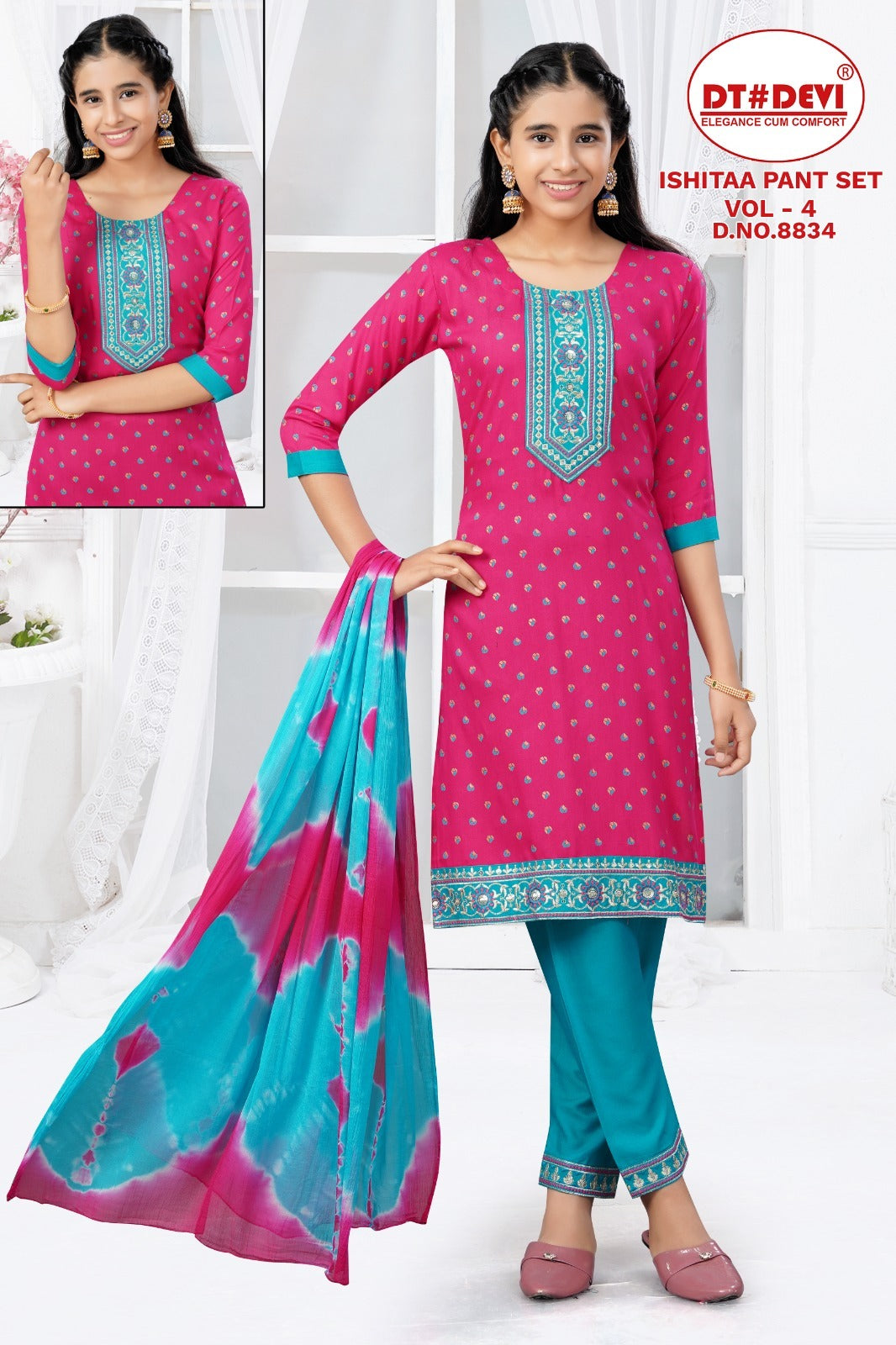 8834 Ishitaa Vol 4 Dt Devi Rayon Girls Readymade Pant Suits Wholesaler