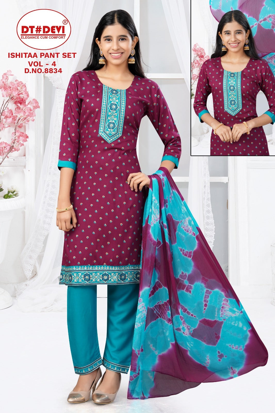 8834 Ishitaa Vol 4 Dt Devi Rayon Girls Readymade Pant Suits Wholesaler