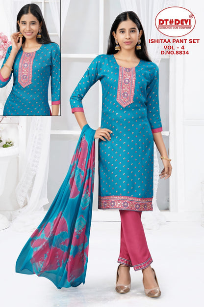 8834 Ishitaa Vol 4 Dt Devi Rayon Girls Readymade Pant Suits Wholesaler