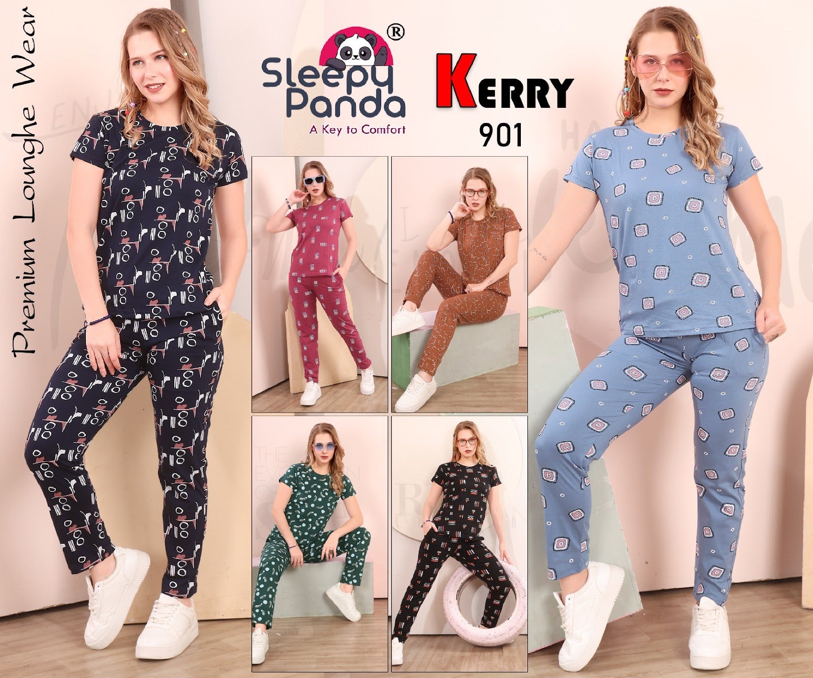 901 Kerry Sleepy Panda Cotton Pyjama Night Suits Wholesaler