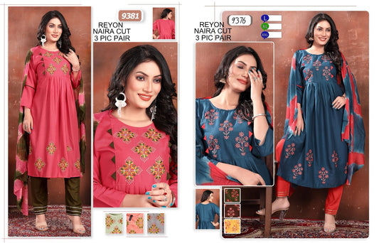 9376-9381 Mmc Reyon Readymade Pant Style Suits Wholesaler Ahmedabad