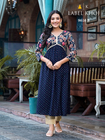 9615 9616 Ab Alia Cut Label Khoj Rayon A Line Kurti Manufacturer India