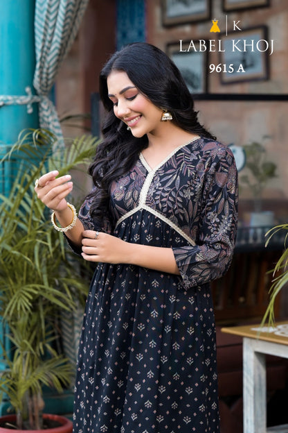 9615 9616 Ab Alia Cut Label Khoj Rayon A Line Kurti Manufacturer India