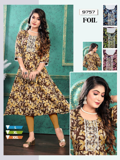 9753-9757 Mmc Rayon Foil Anarkali Kurtis Manufacturer Gujarat