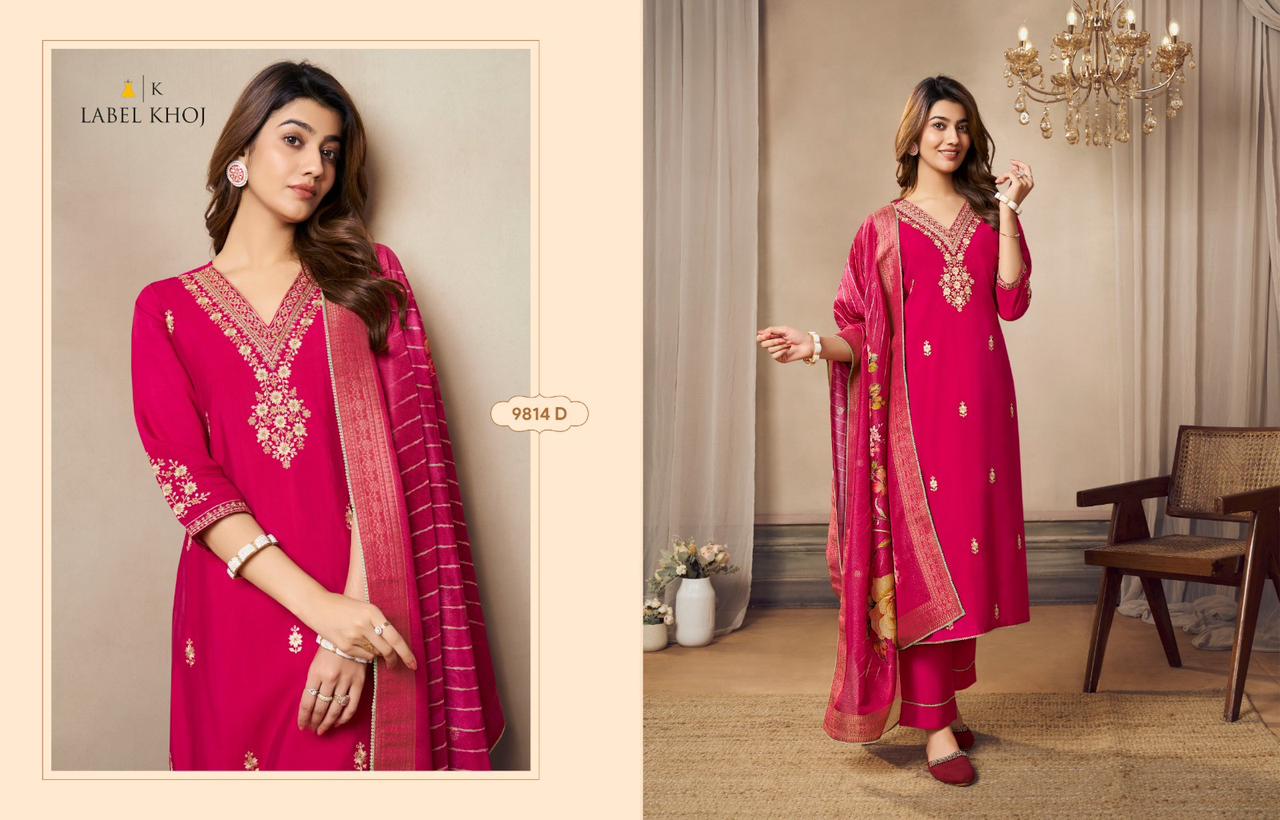 9814Abcd Label Khoj Roman Silk Readymade Suits Wholesale Rate