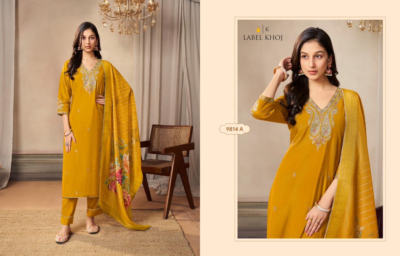 9814Abcd Label Khoj Roman Silk Readymade Suits Wholesale Rate