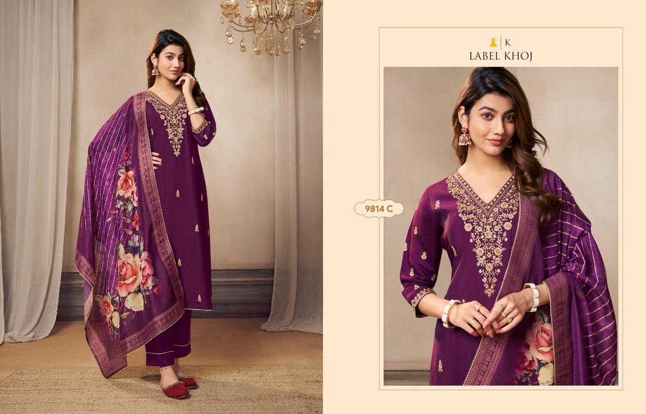 9814Abcd Label Khoj Roman Silk Readymade Suits Wholesale Rate