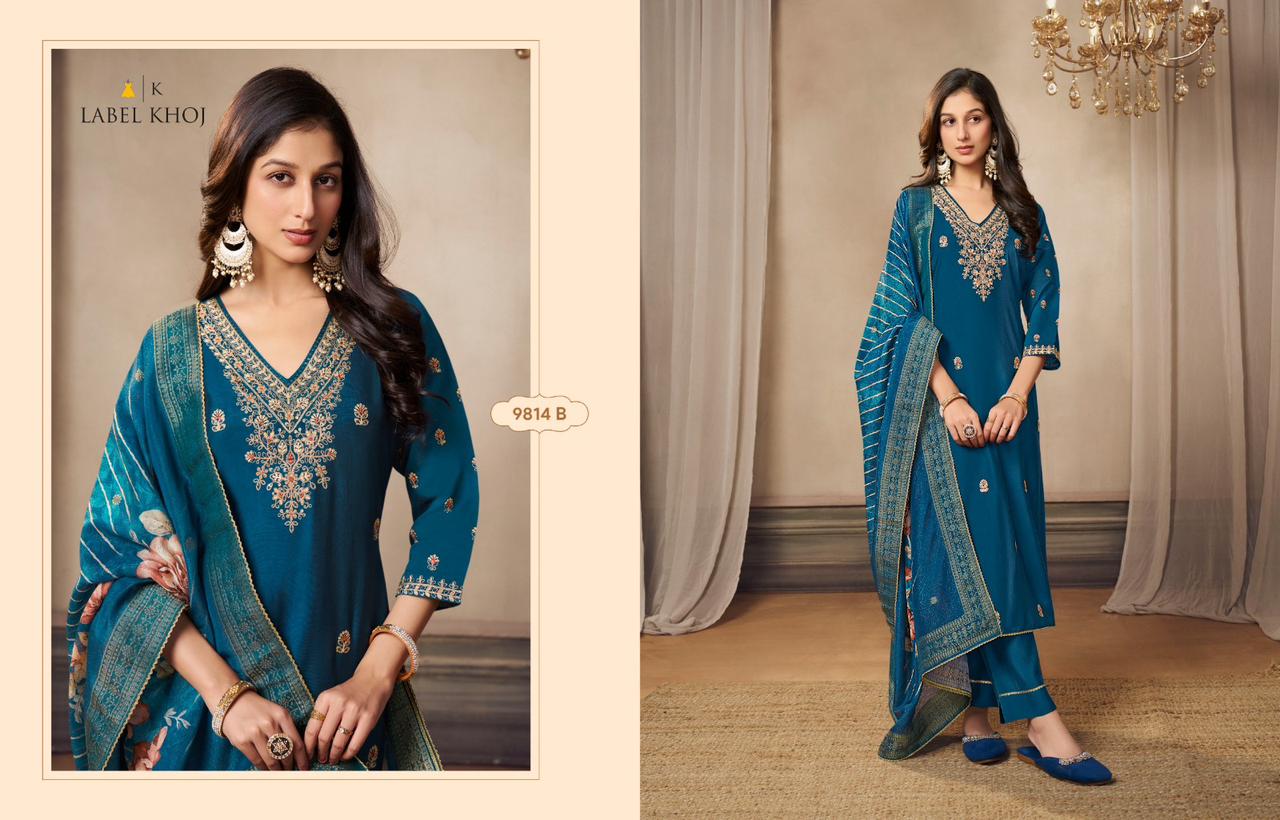9814Abcd Label Khoj Roman Silk Readymade Suits Wholesale Rate