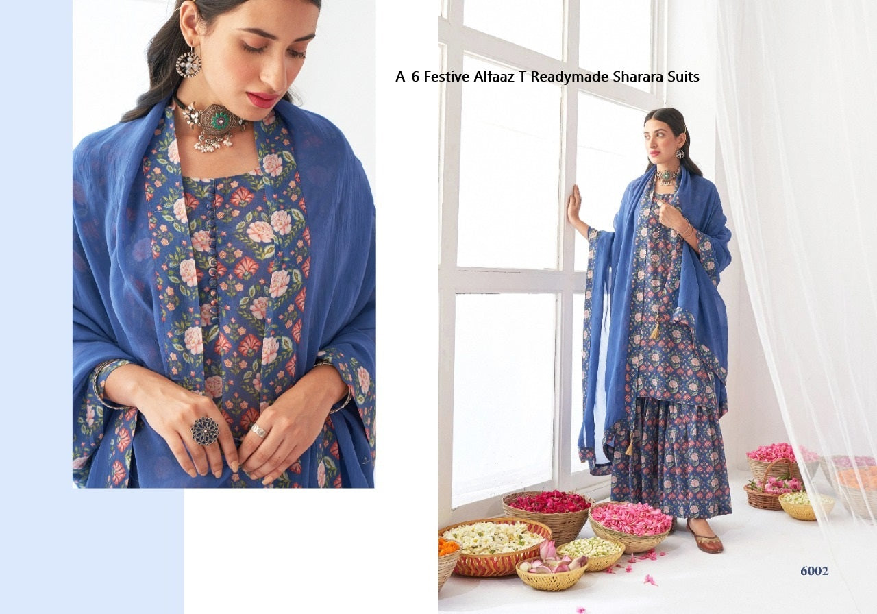 A-6 Festive Alfaaz T Muslin Readymade Sharara Suits Wholesale Rate
