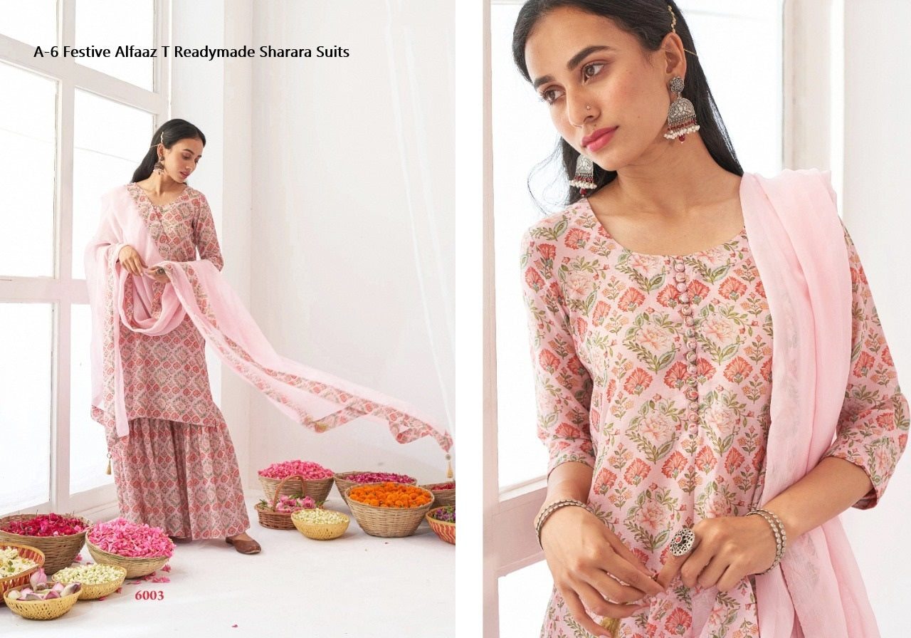 A-6 Festive Alfaaz T Muslin Readymade Sharara Suits Wholesale Rate