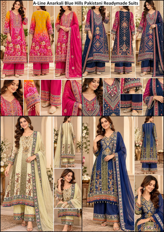 A-Line Anarkali Blue Hills Crepe Pakistani Readymade Suits Wholesale