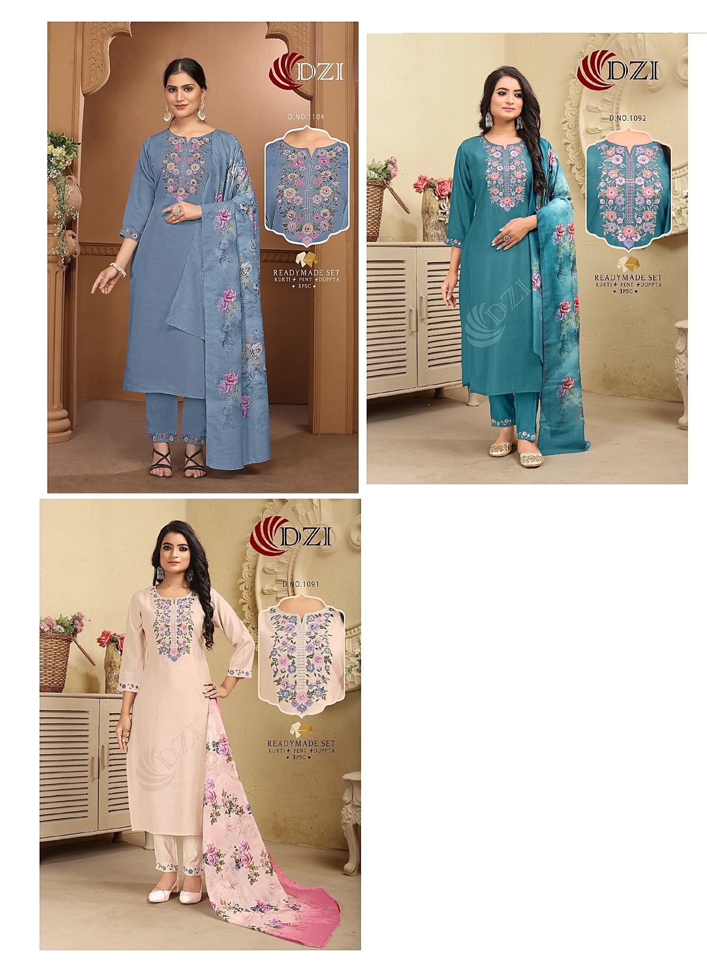 1091-1092-1104 Dzi Roman Silk Readymade Pant Style Suits