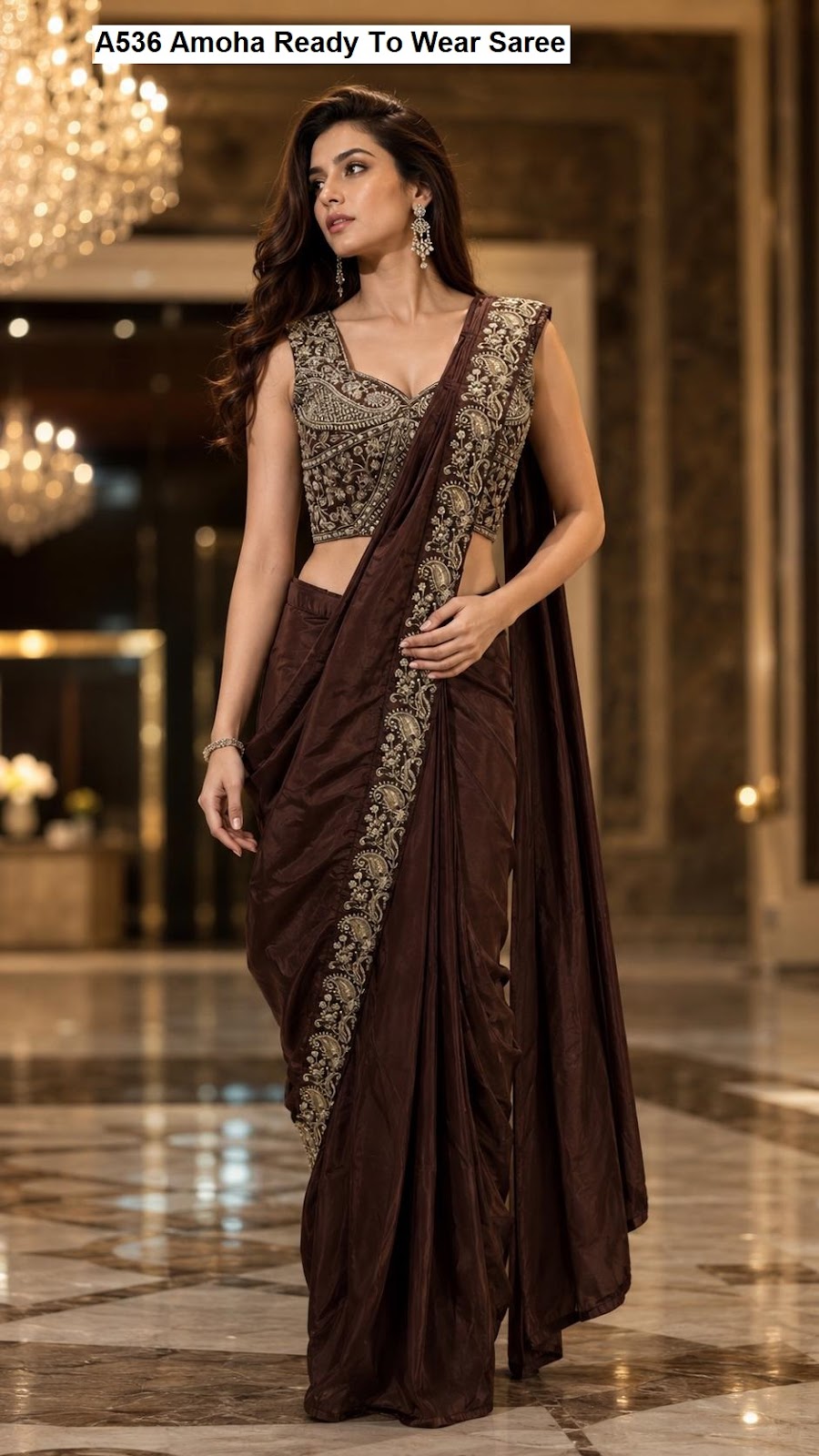 A536 Amoha Chinnon Ready To Wear Saree Supplier