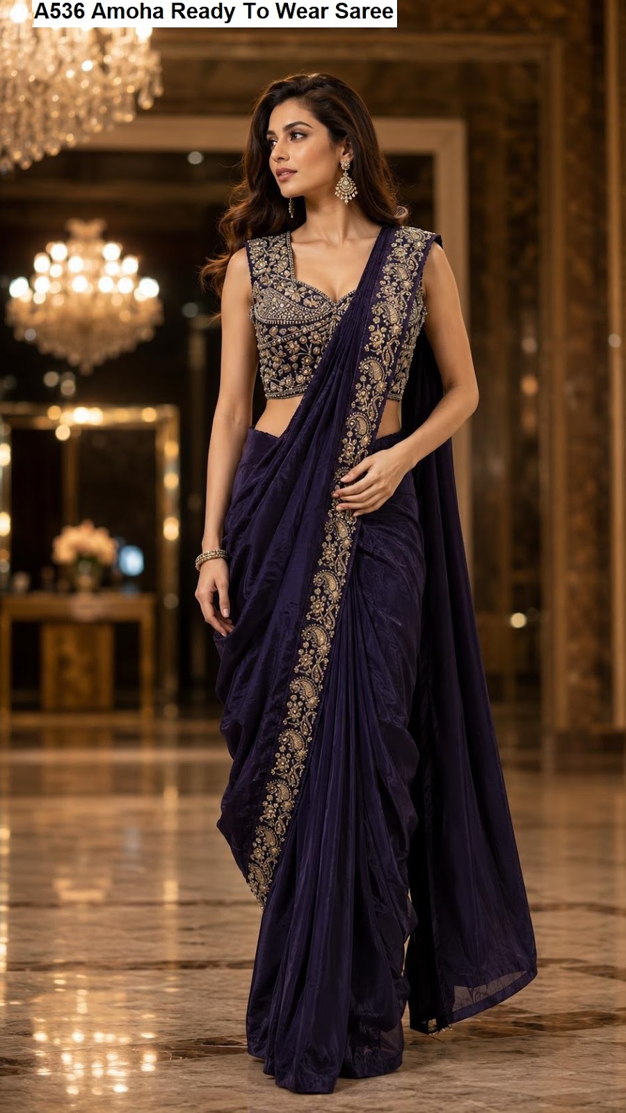 A536 Amoha Chinnon Ready To Wear Saree Supplier