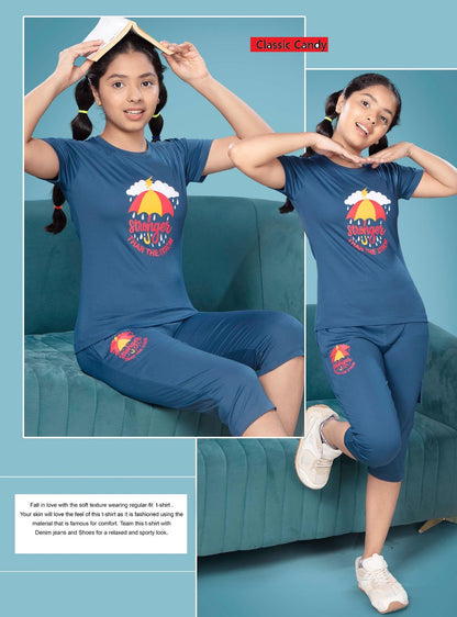 A791 Classic Candy Tencil Lycra Girls Capri Night Suits Manufacturer Gujarat