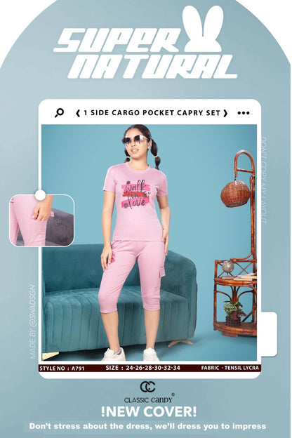 A791 Classic Candy Tencil Lycra Girls Capri Night Suits Manufacturer Gujarat