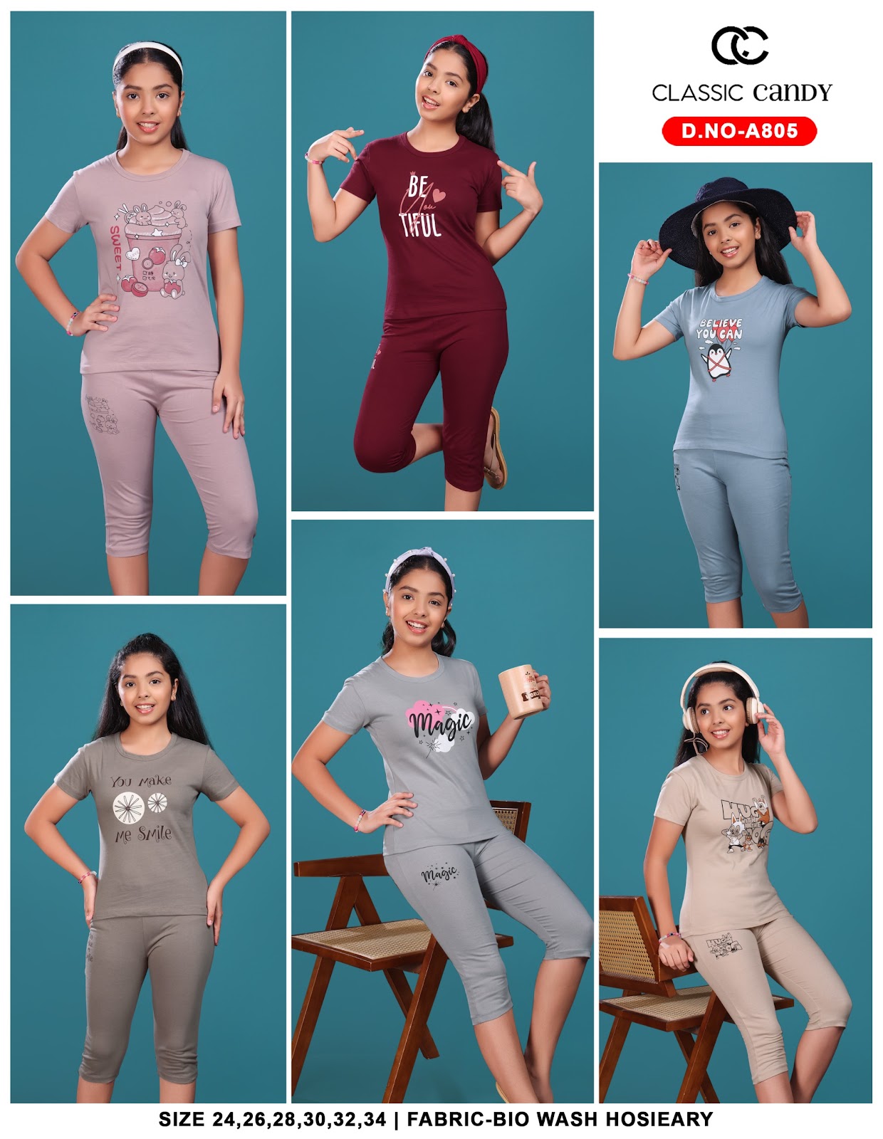 A805 Classic Candy Biowash Girls Capri Night Suits Manufacturer Gujarat