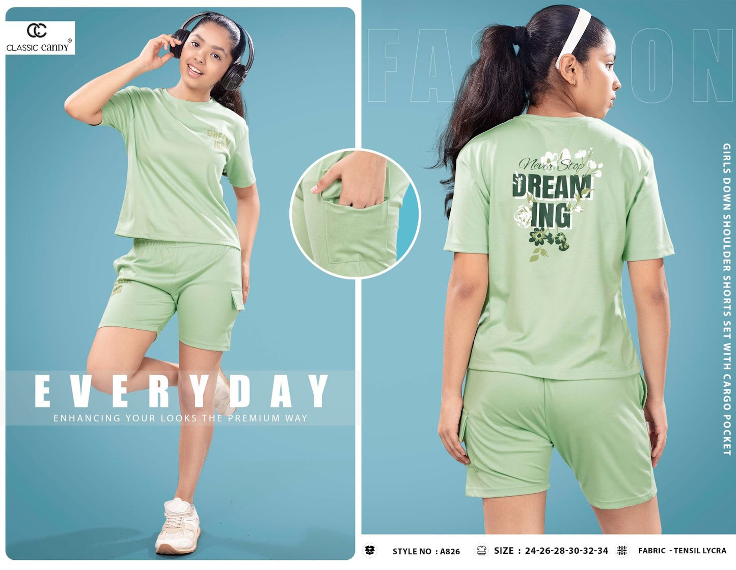 A826 Classic Candy Tencil Lycra Girls Cargo Set Wholesale Rate
