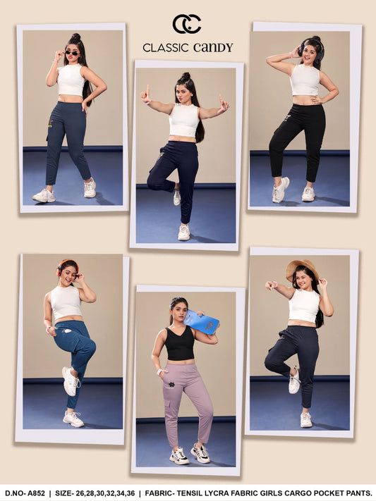 A852 1 Side Pocket Classic Candy Tencil Lycra Girls Cargo Pants Manufacturer India