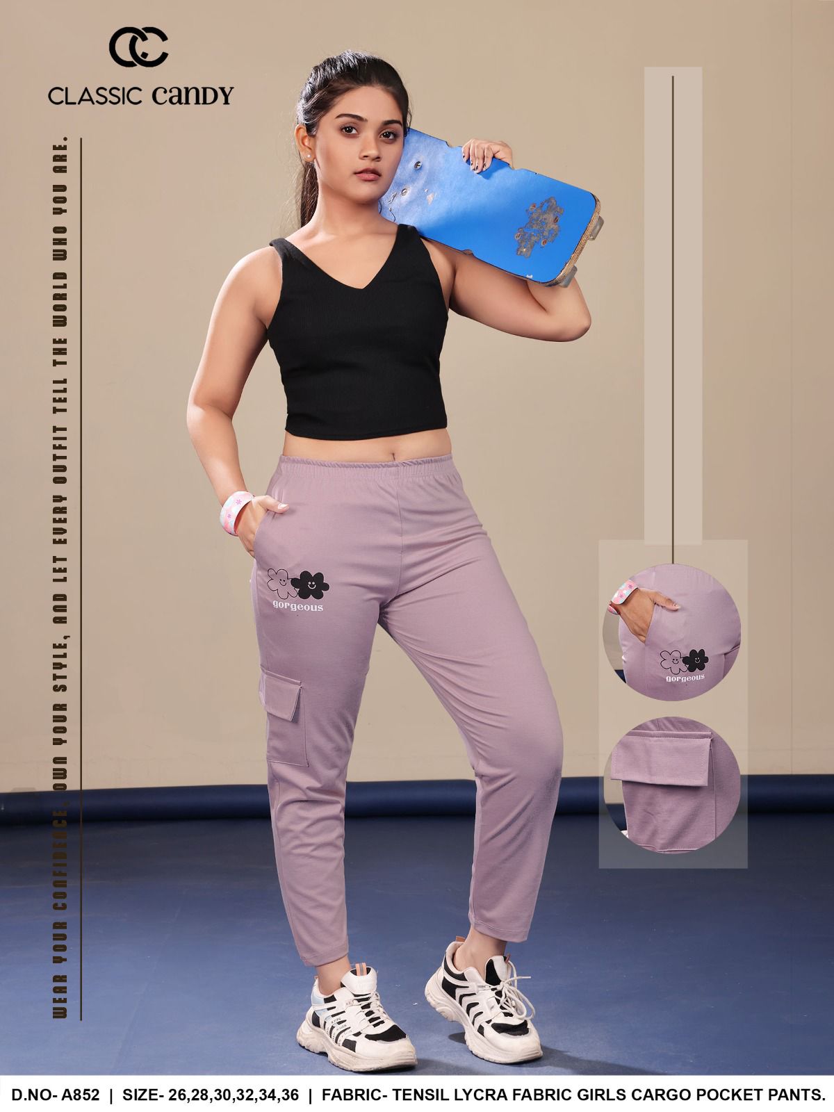 A852 1 Side Pocket Classic Candy Tencil Lycra Girls Cargo Pants Manufacturer India