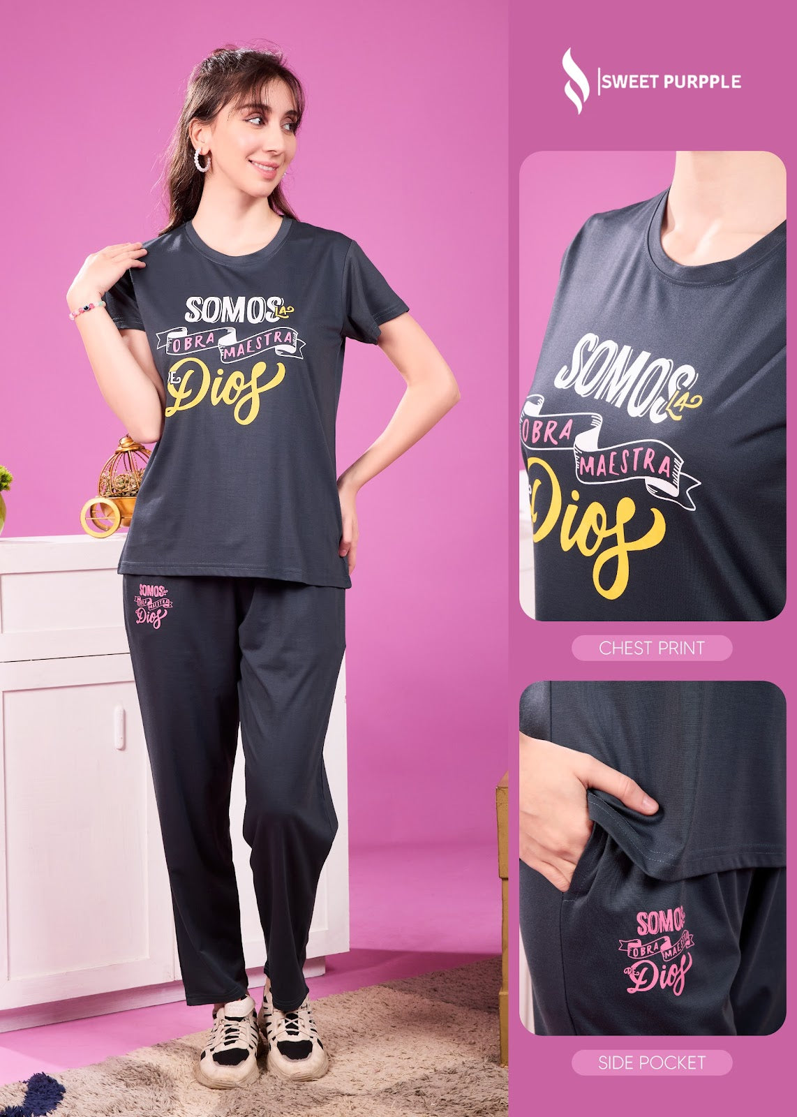 A855 Sweet Purple Tencil Lycra Pyjama Night Suits Supplier
