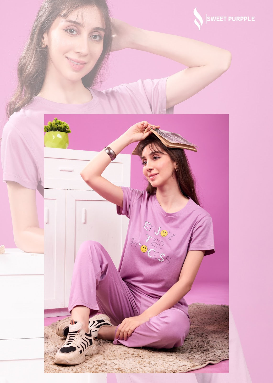 A855 Sweet Purple Tencil Lycra Pyjama Night Suits Supplier
