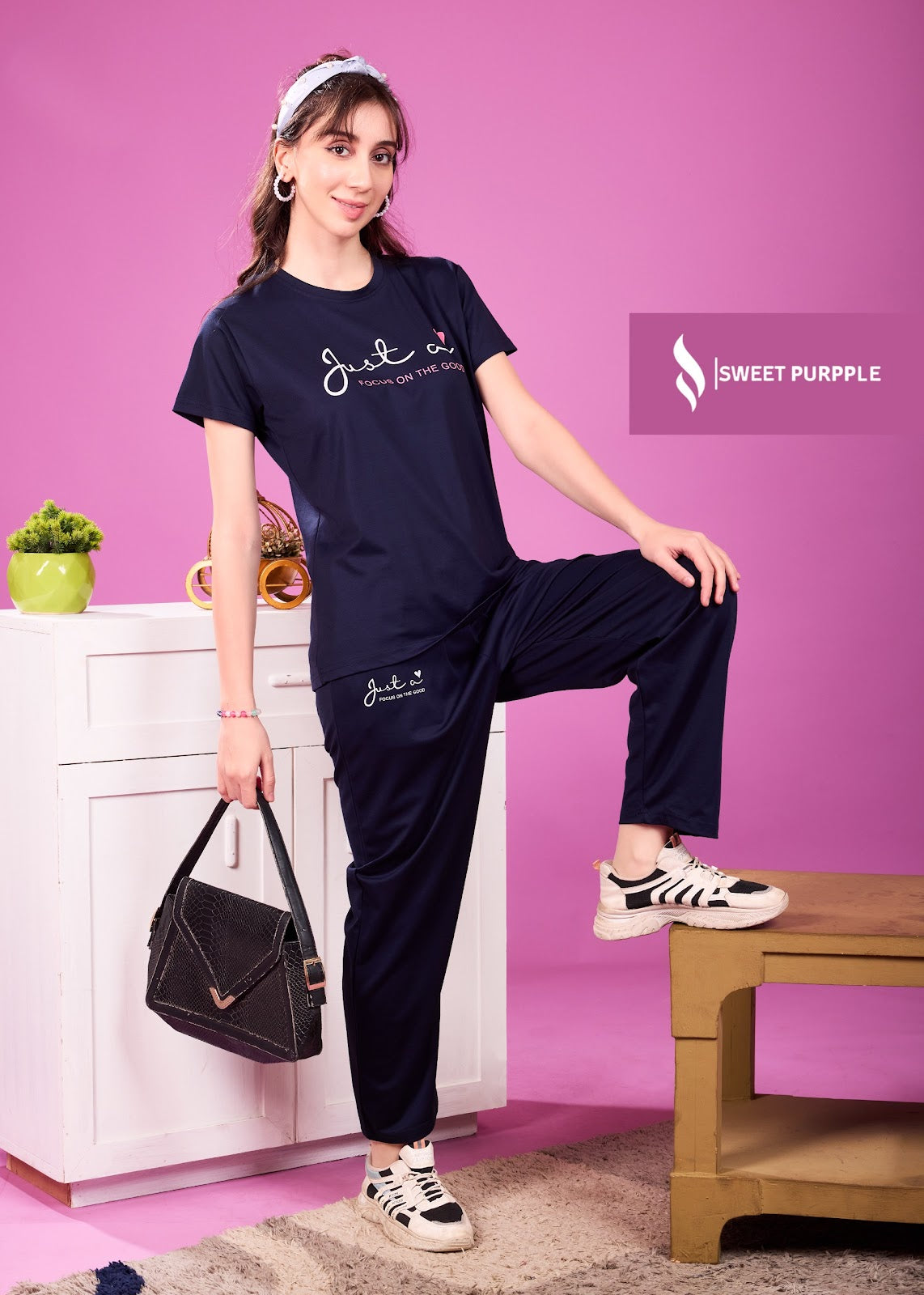 A855 Sweet Purple Tencil Lycra Pyjama Night Suits Supplier