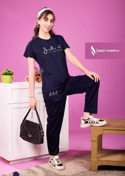 A855 Sweet Purple Tencil Lycra Pyjama Night Suits Supplier