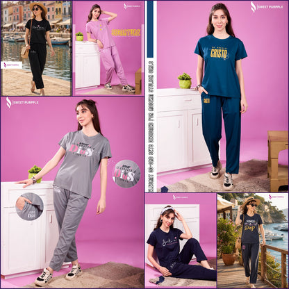A855 Sweet Purple Tencil Lycra Pyjama Night Suits Supplier