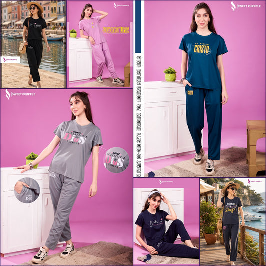 A855 Sweet Purple Tencil Lycra Pyjama Night Suits Supplier