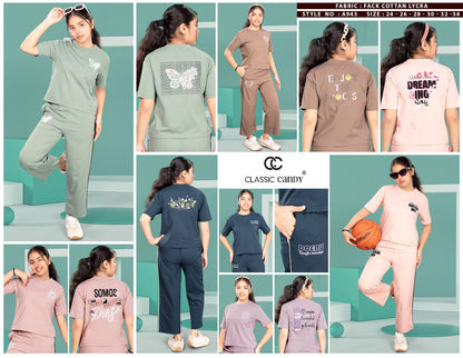 A943 Classic Candy Cotton Lycra Girls Pant Set Manufacturer India