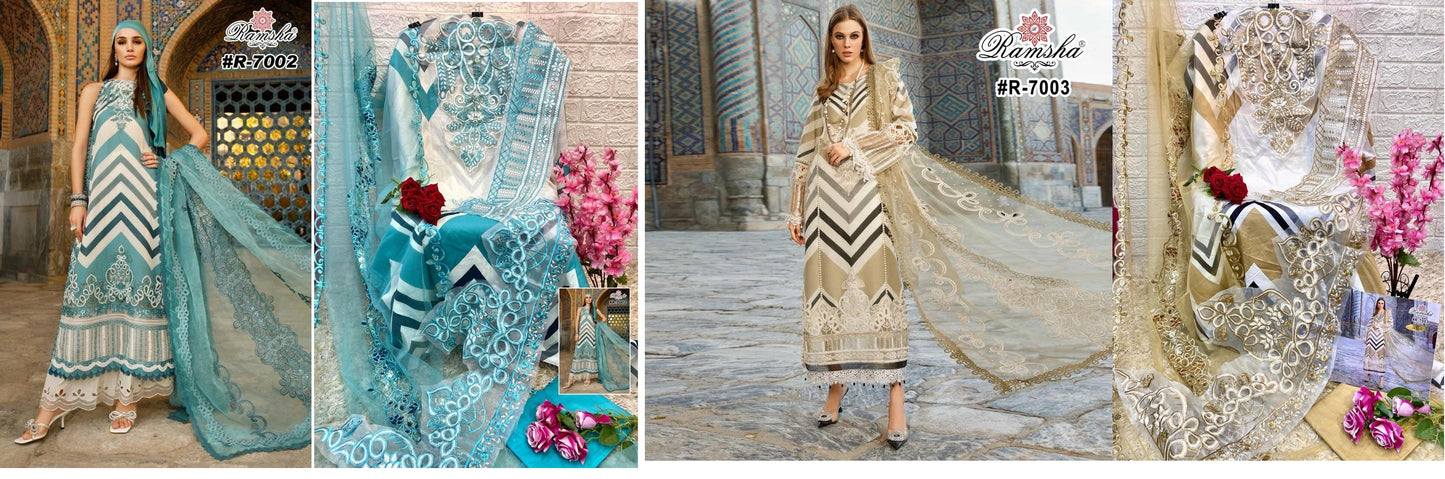 R 7002-7003 Ramsha Cambric Cotton Pakistani Patch Work Suits