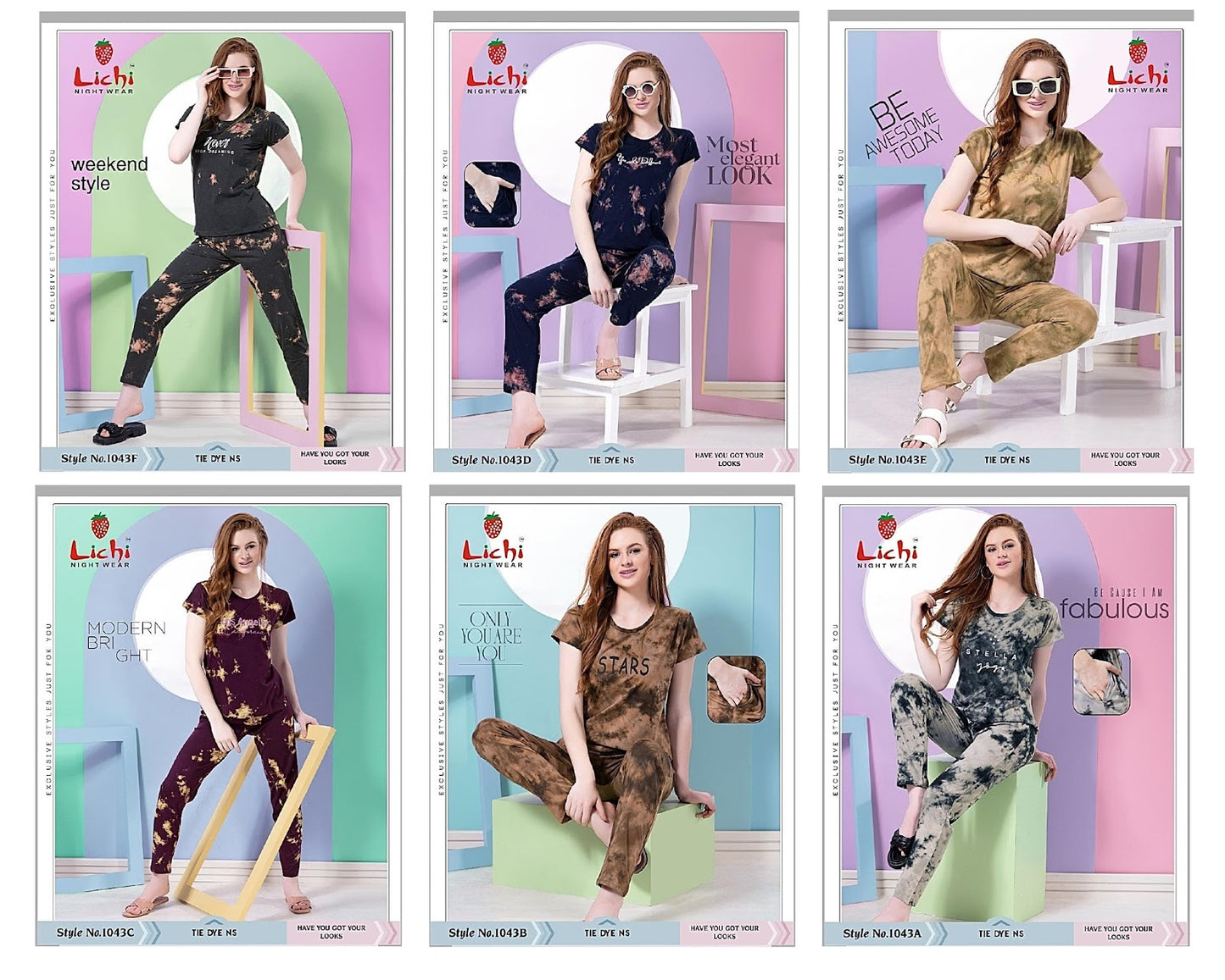 1043 Lichi Tie Dye Pyjama Night Suits Wholesale Rate