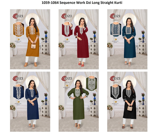 1059-1064 Sequence Work Dzi Cotton Long Straight Kurti Exporter Ahmedabad