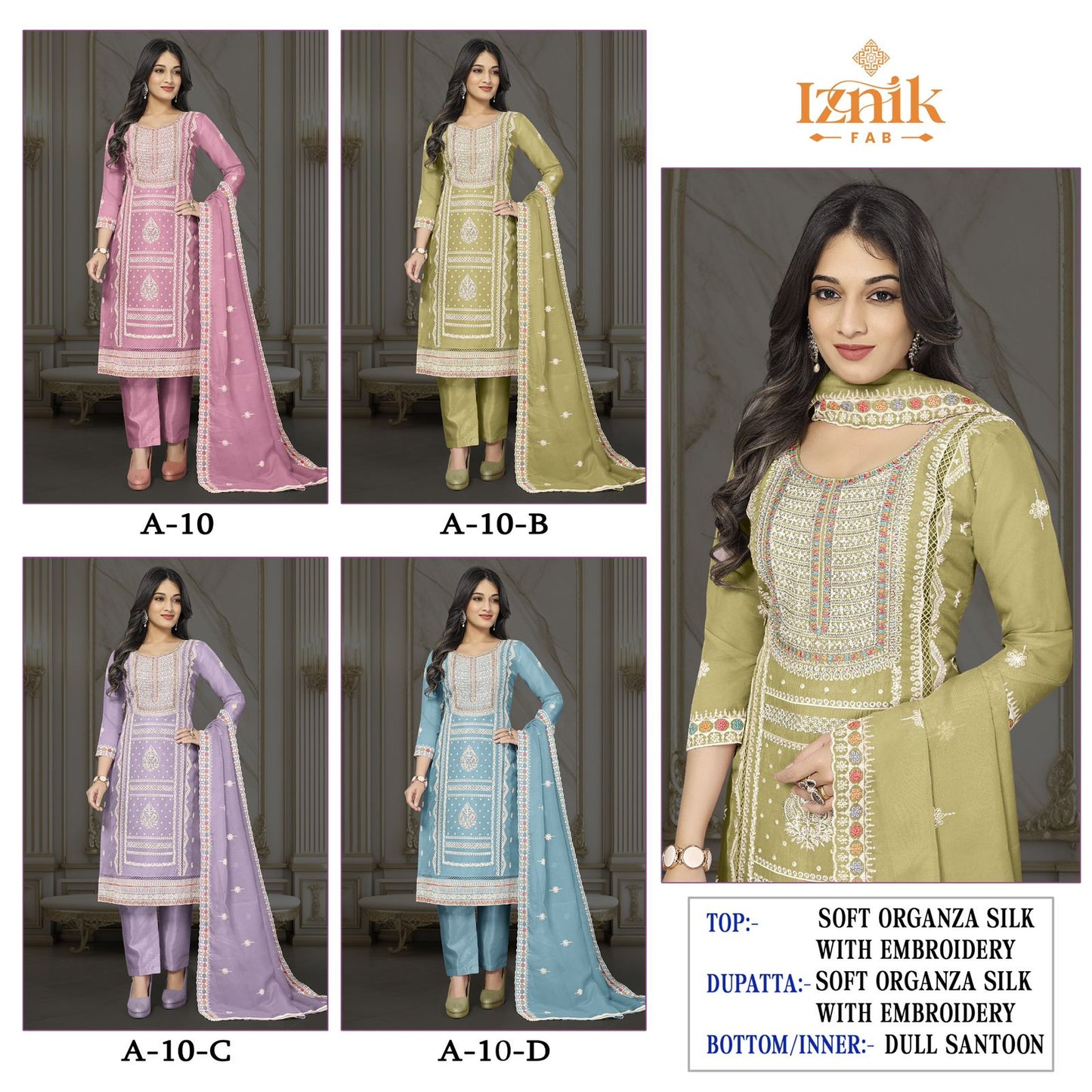 A 10 Iznik Organza Pakistani Salwar Suits Wholesale Rate