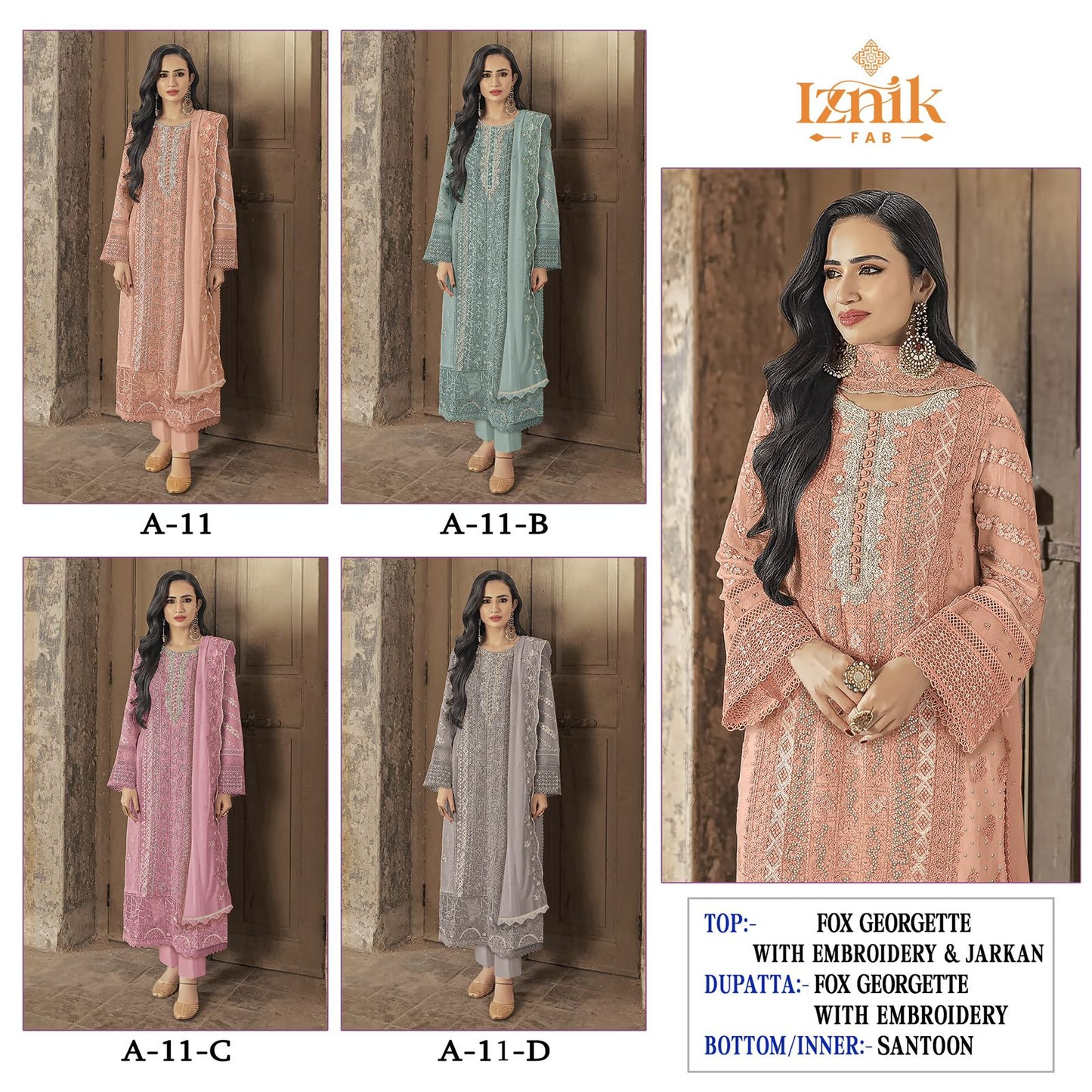 A 11 Iznik Fox Georgette Pakistani Salwar Suits Wholesaler India