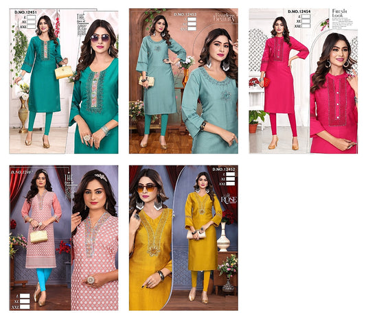 12451-12454 Vkh Slub Long Straight Kurti Supplier Gujarat