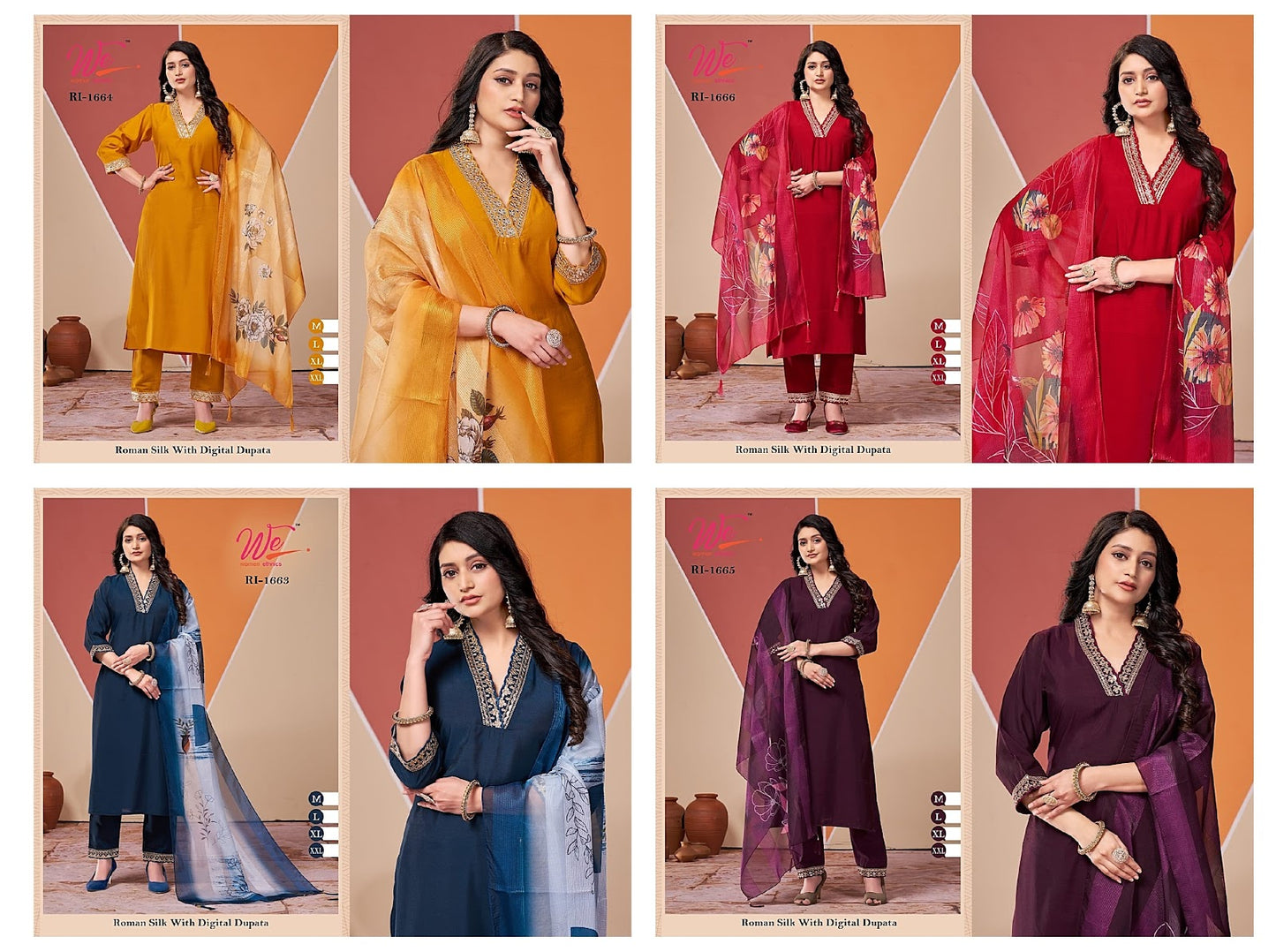 1663-1666 Women Ethnics Roman Silk Readymade Pant Style Suits Exporter Gujarat