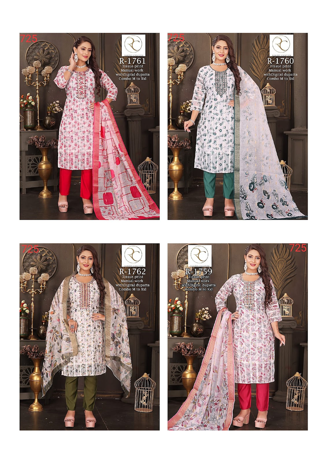 1759-1762 Ramdev Creation Tissue Readymade Pant Style Suits Wholesaler India