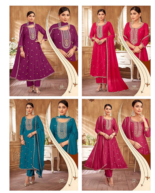 3099-3102 Ladies Flavour Vichitra Readymade Anarkali Suits Exporter Ahmedabad