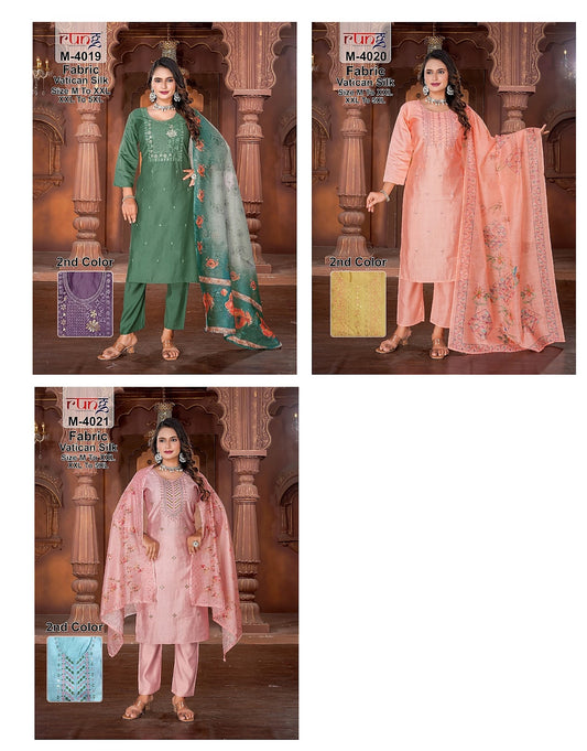 4019-4021 Rung Vatican Silk Readymade Pant Style Suits Wholesaler Ahmedabad